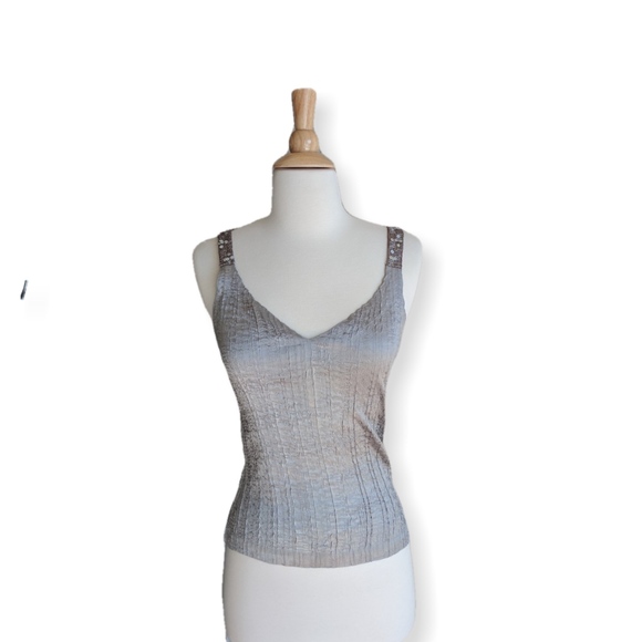 Silver silk v-neck tank w sequins straps, metallic - Picture 3 of 5